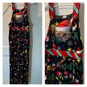 Ugly christmas sweater jumper overalls cat santa holiday party velvet tacky